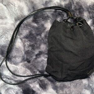 Nine West black mesh drawstring bucket bag w a leather strap #bucket #ninewest